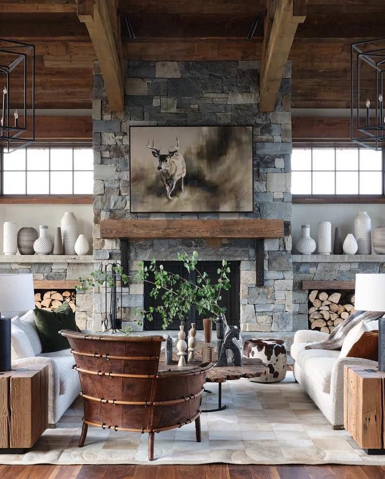 Ski Chalet living room Stone Fireplace locatiarchitects