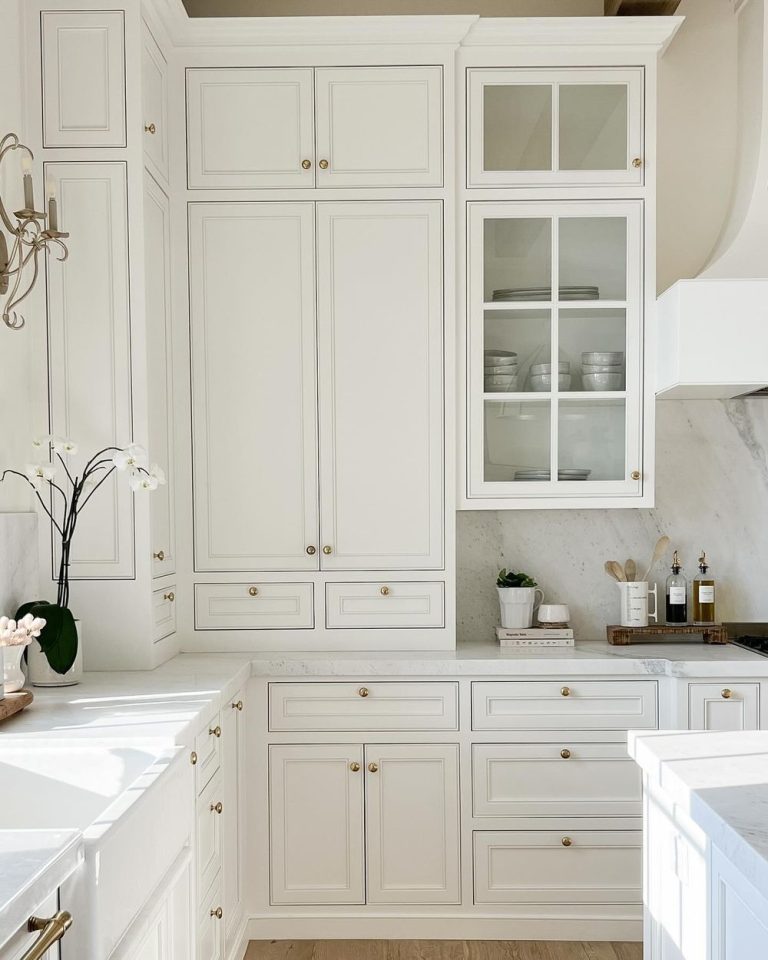 Traditional white kitchen design brass cabinet pulls ourfrenchcountryfarm