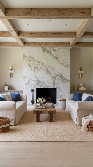 Types of Living Rooms modern farmhouse family room with a big rustic marble fireplace