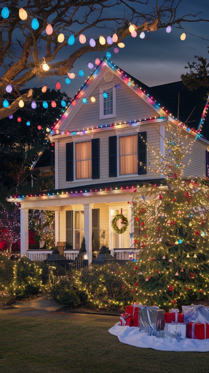 American house decorated Christmas front yard with colorful string lights lining the roof and windows