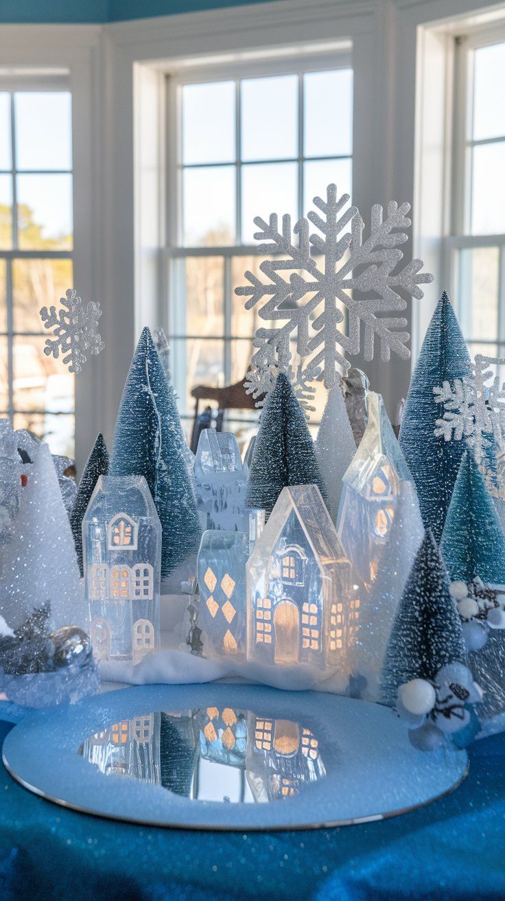 Blue Winter Wonderland Christmas village display in a coastal dining room with New England style windows