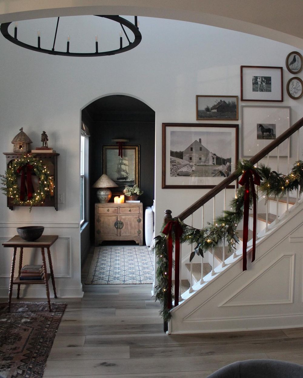 Burgundy Christmas Decor Bows on staircase pattirobertsdesignco