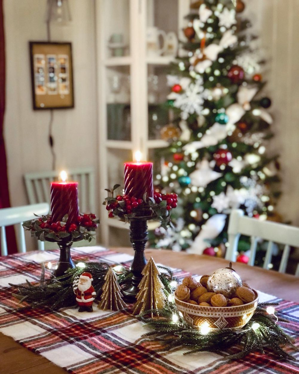 Burgundy Christmas Decor Candles on dining table whimsicaltee