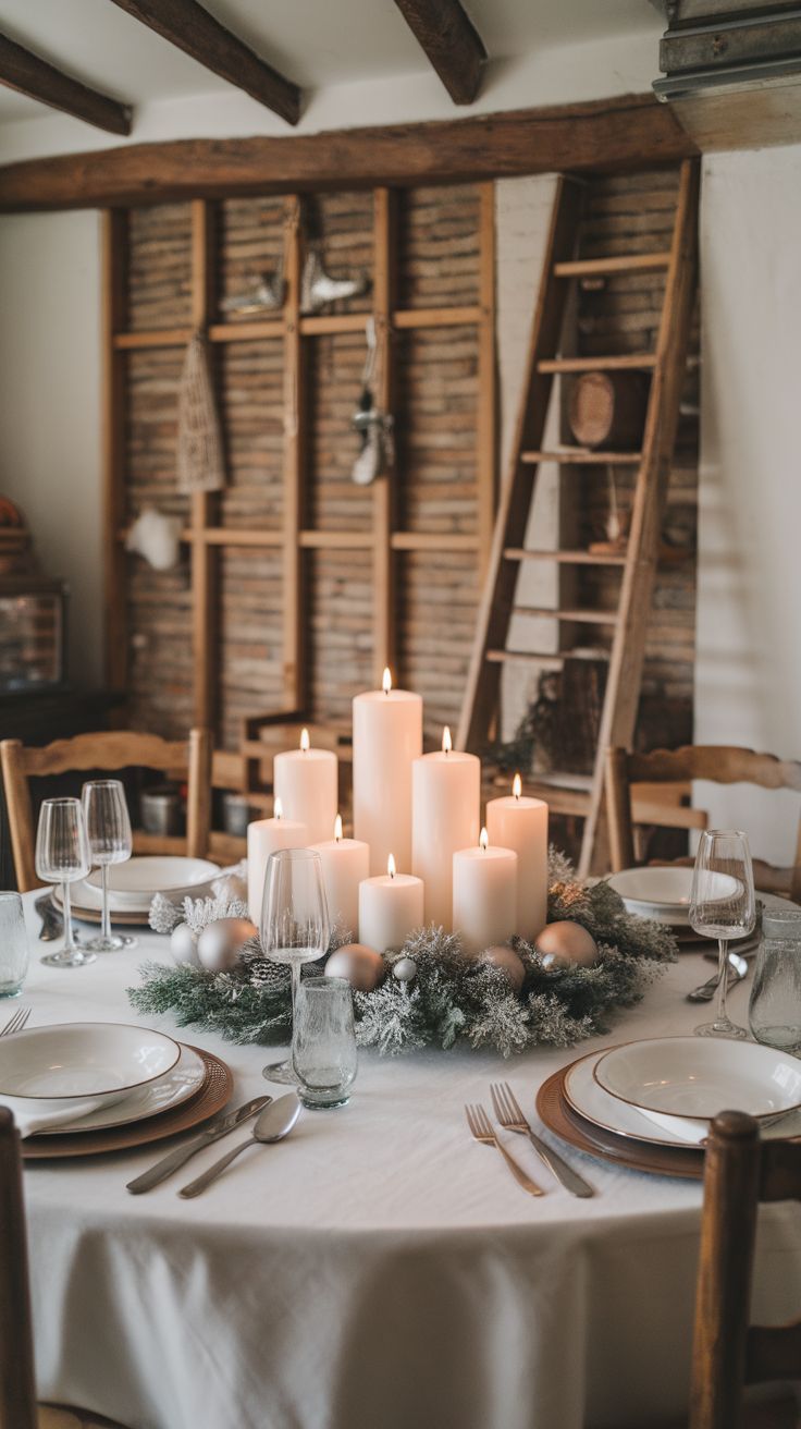 Candlelit Glow table setting white candles centerpiece with frosted greenery and metallic ornaments