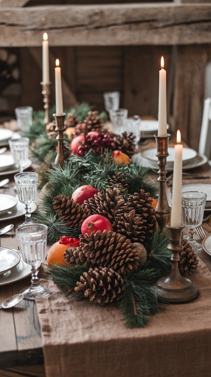 Christmas Dining Table Decor Natural Elements linen runner pinecones, evergreen branches, and seasonal fruits pomegranates or oranges