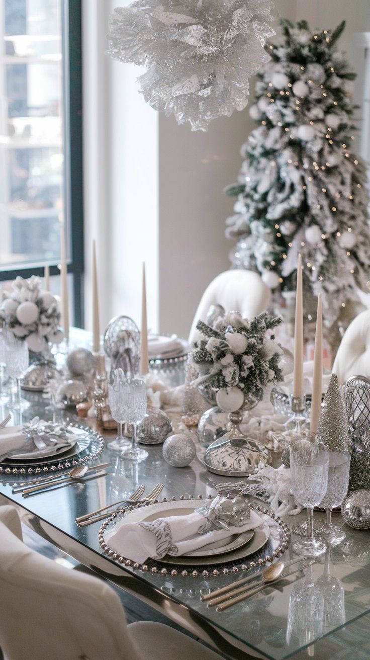 Christmas Dining Table Decor Silver Setting