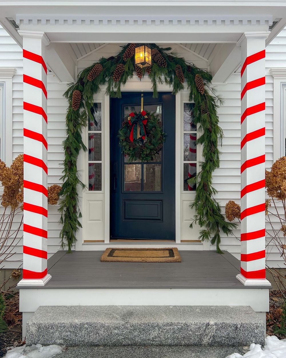 Candy cane wrapped columns Christmas Front Door Decor the_ct_colonial