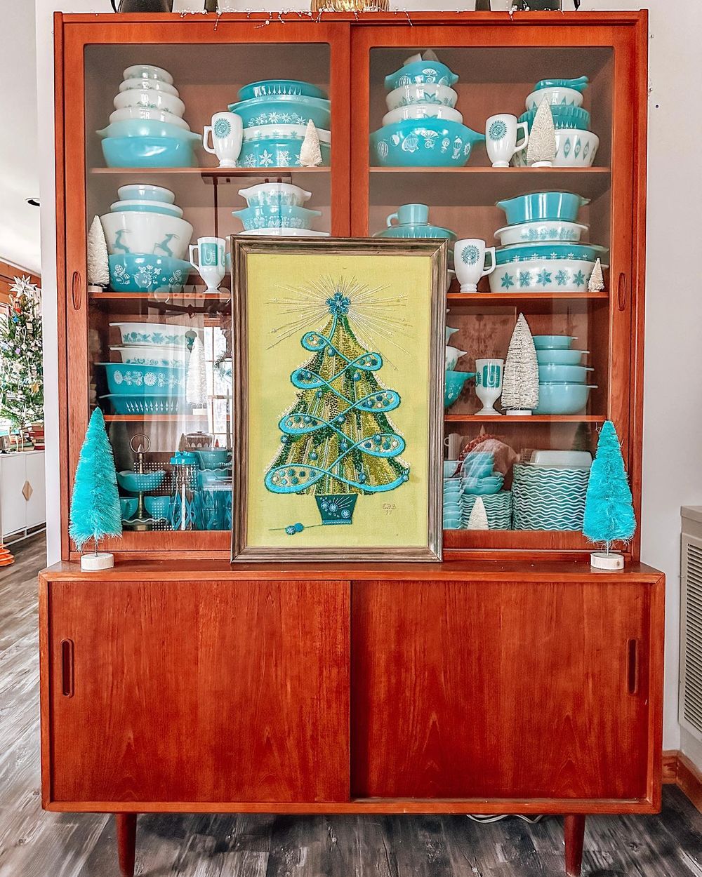 Christmas Kitsch Decor Turquoise brush trees mid-century cabinet kristisnarsky