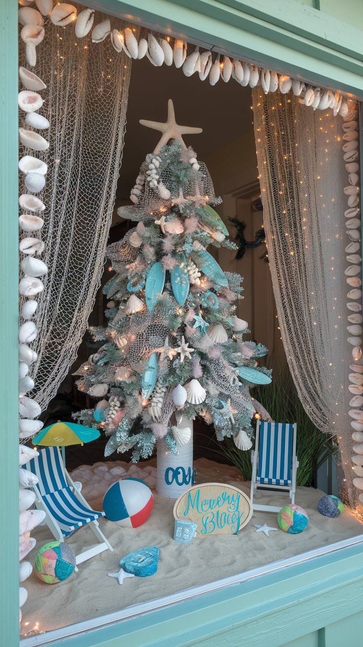 Christmas Window Display Beach Theme Display fishnet tree