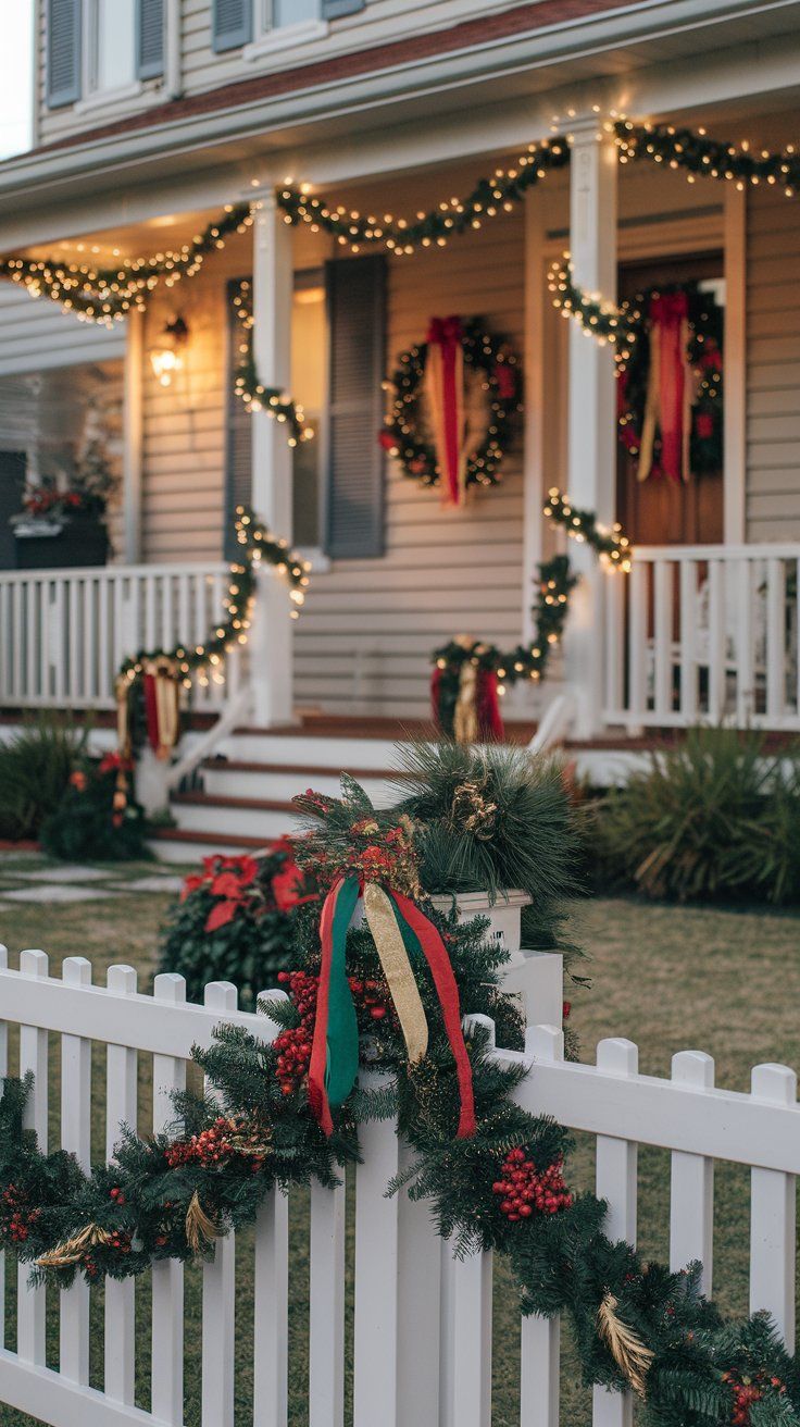 Christmas front yard decor garlands, lush greenery, and vibrant red and gold decorations