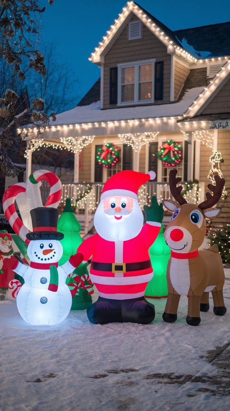 Christmas front yard inflatable decorations, including a large, cheerful Santa Claus waving, a playful snowman with a top hat, and a colorful reindeer with a red nose