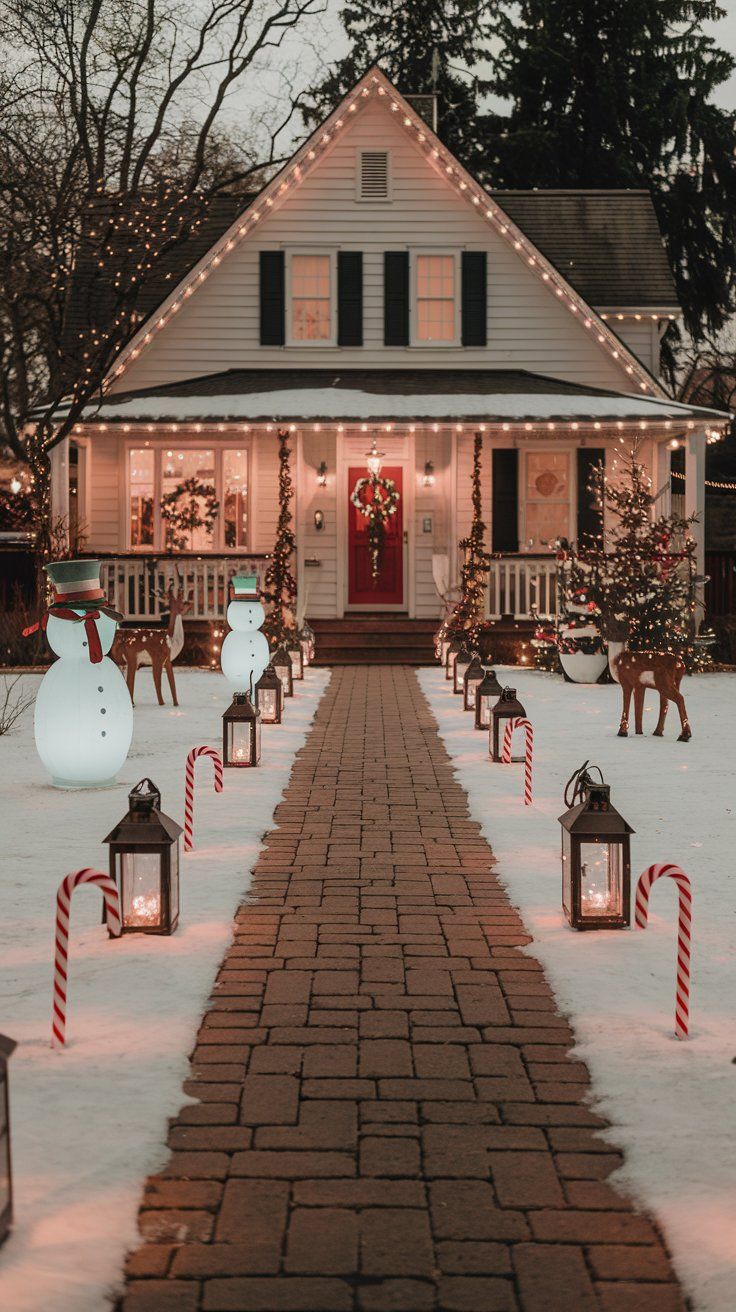 Christmas front yard pathway lined with luminaries and lighted candy canes