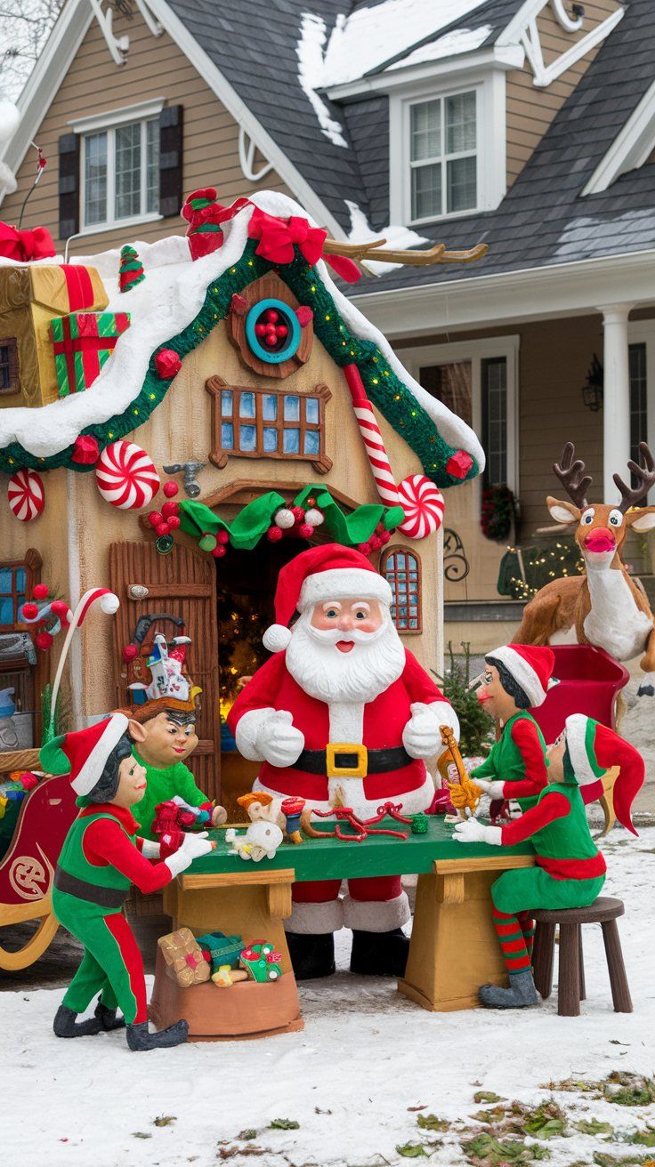 Christmas front yard scene themed around Santa's Workshop elves working on toys