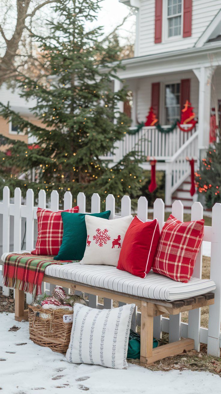 Christmas front yard with festive throw pillows and blankets placed on a wooden bench