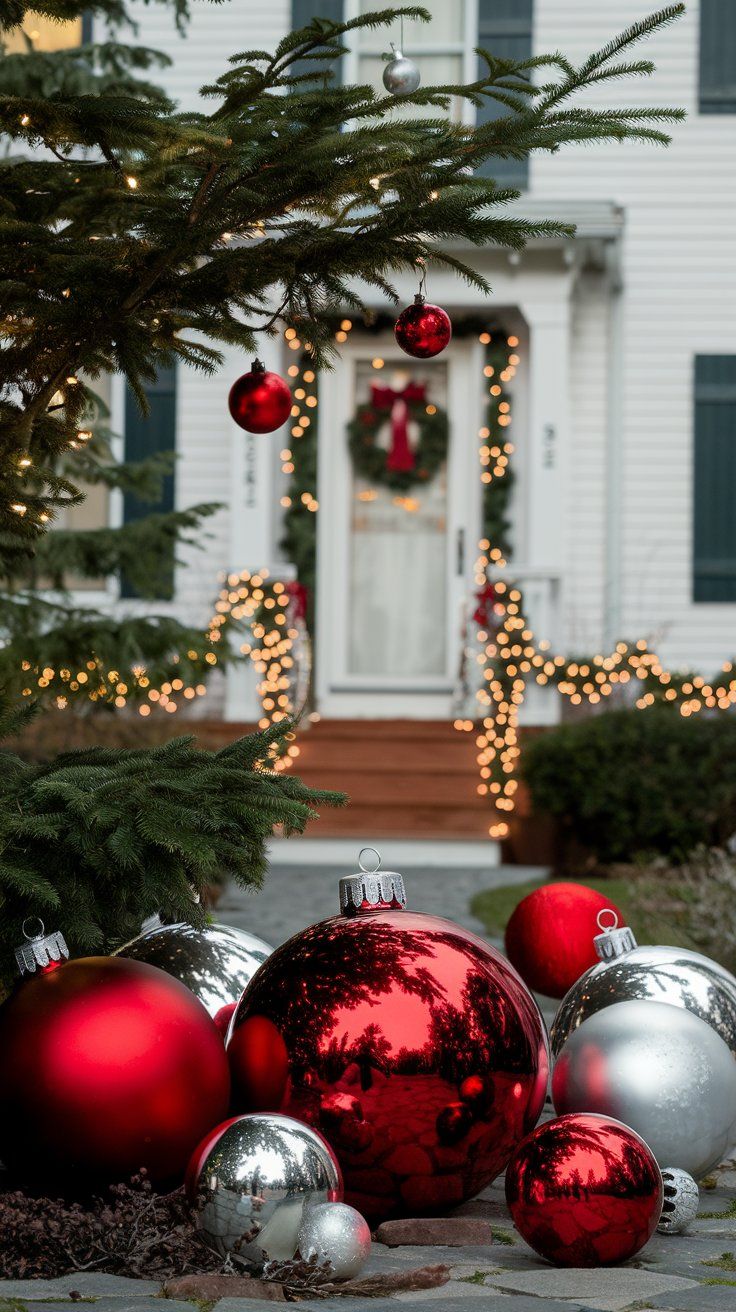 Christmas house front yard with large, red and silver ornaments scattered on the ground