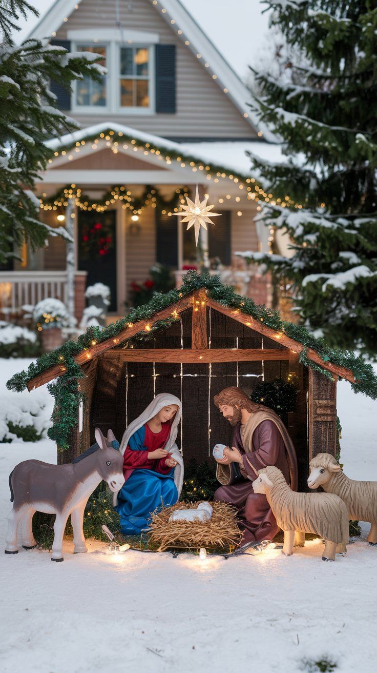 Christmas house with a front yard featuring a traditional nativity scene of a serene setting