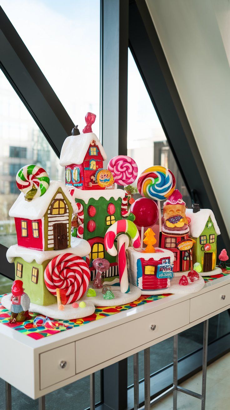 Colorful, whimsical Christmas village using candy-themed decorations