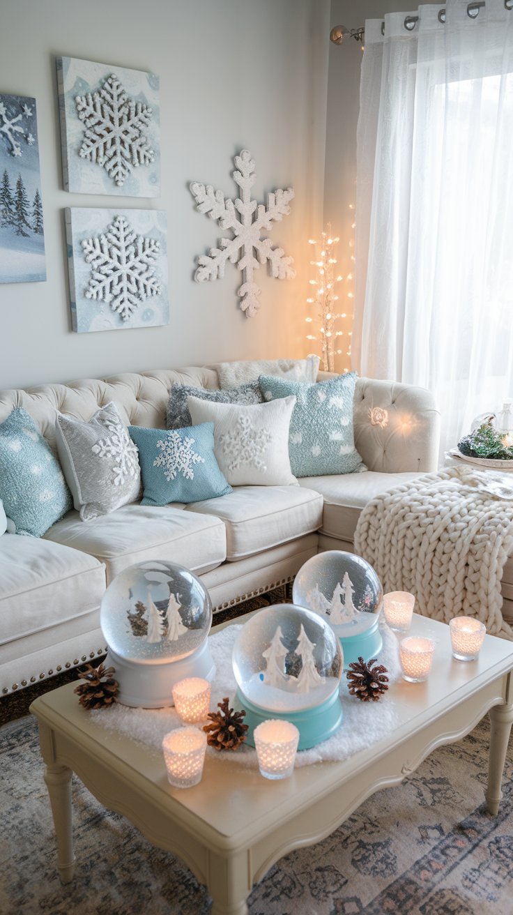 Cozy Winter Living Room Decor Snowflake and Snow Globe Accents