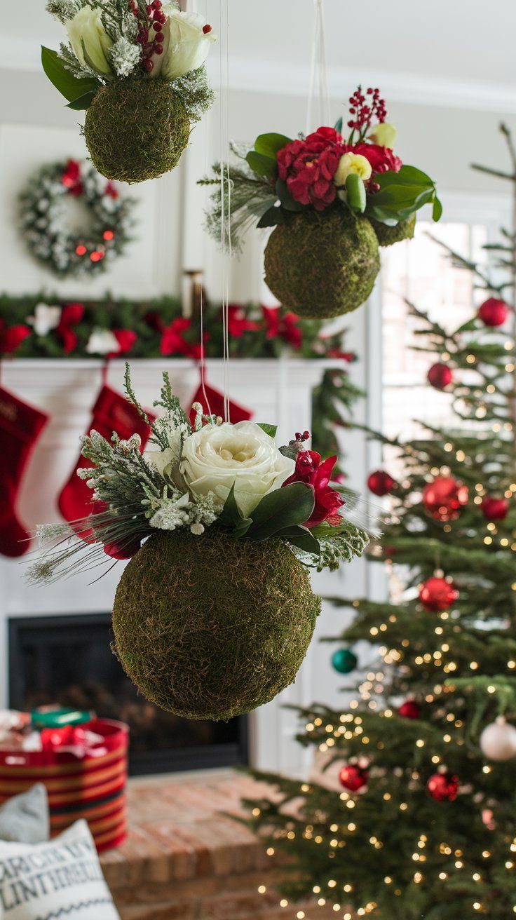 DIY Christmas Floral Arrangement Hanging Orbs floral foam balls covered in moss