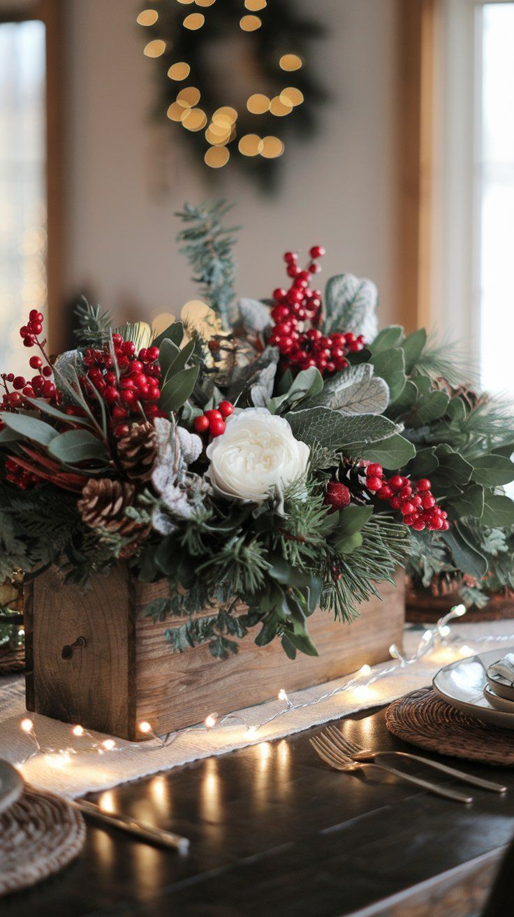 DIY Christmas Floral Arrangement Table Runner with evergreen and berries in a wood box