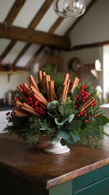 DIY Christmas Floral Arrangement cinnamon stick bundles with seasonal greens and a few red berries