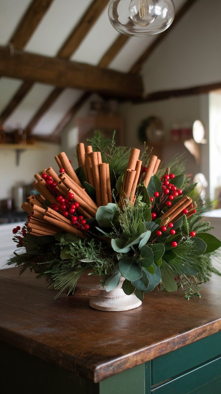 DIY Christmas Floral Arrangement cinnamon stick bundles with seasonal greens and a few red berries