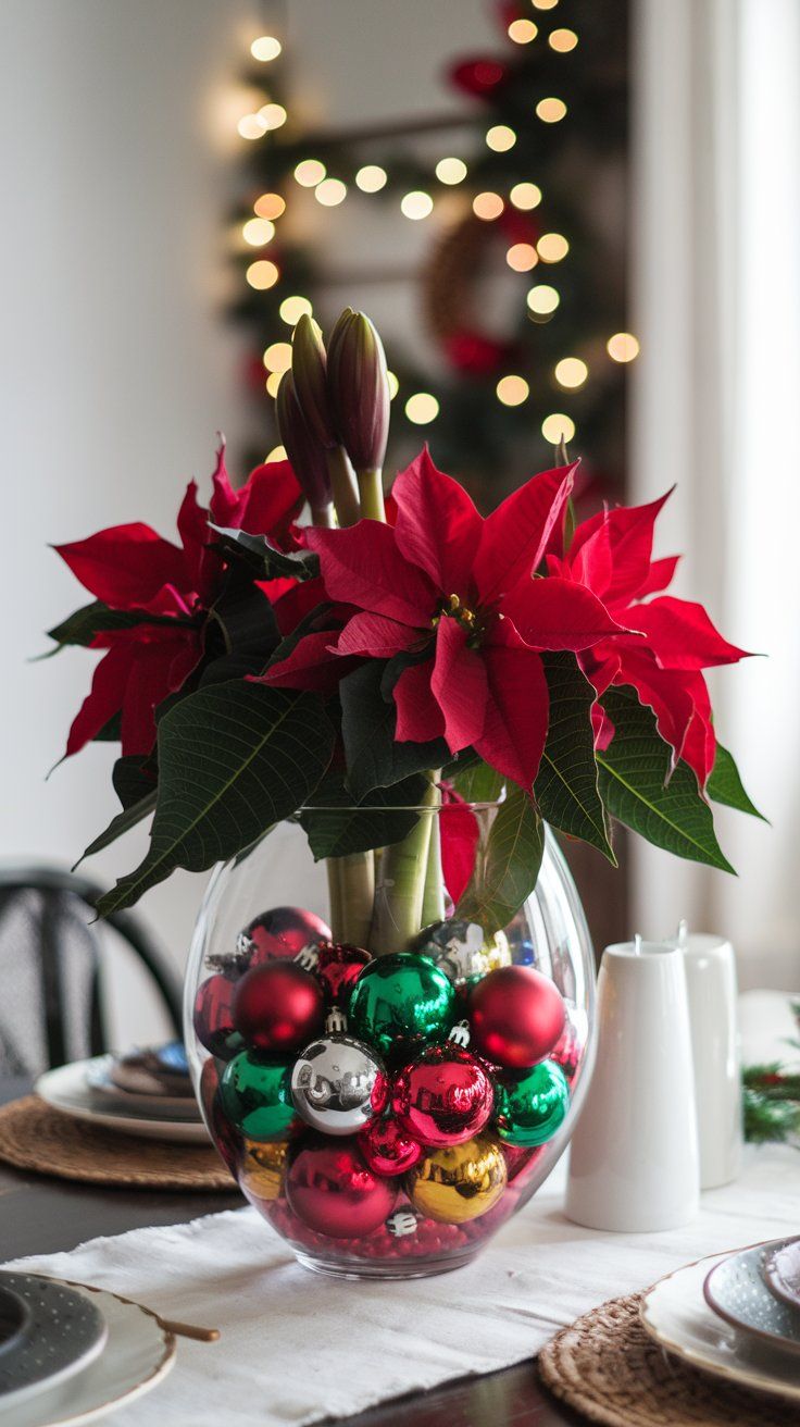 DIY Christmas Floral Arrangement colorful holiday ornaments in clear vase with Red amaryllis and poinsettias on dining room table