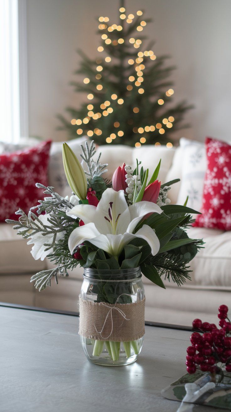 DIY Christmas Floral Arrangement mason jars with burlap filled with a mix of flowers white lilies red tulips greenery