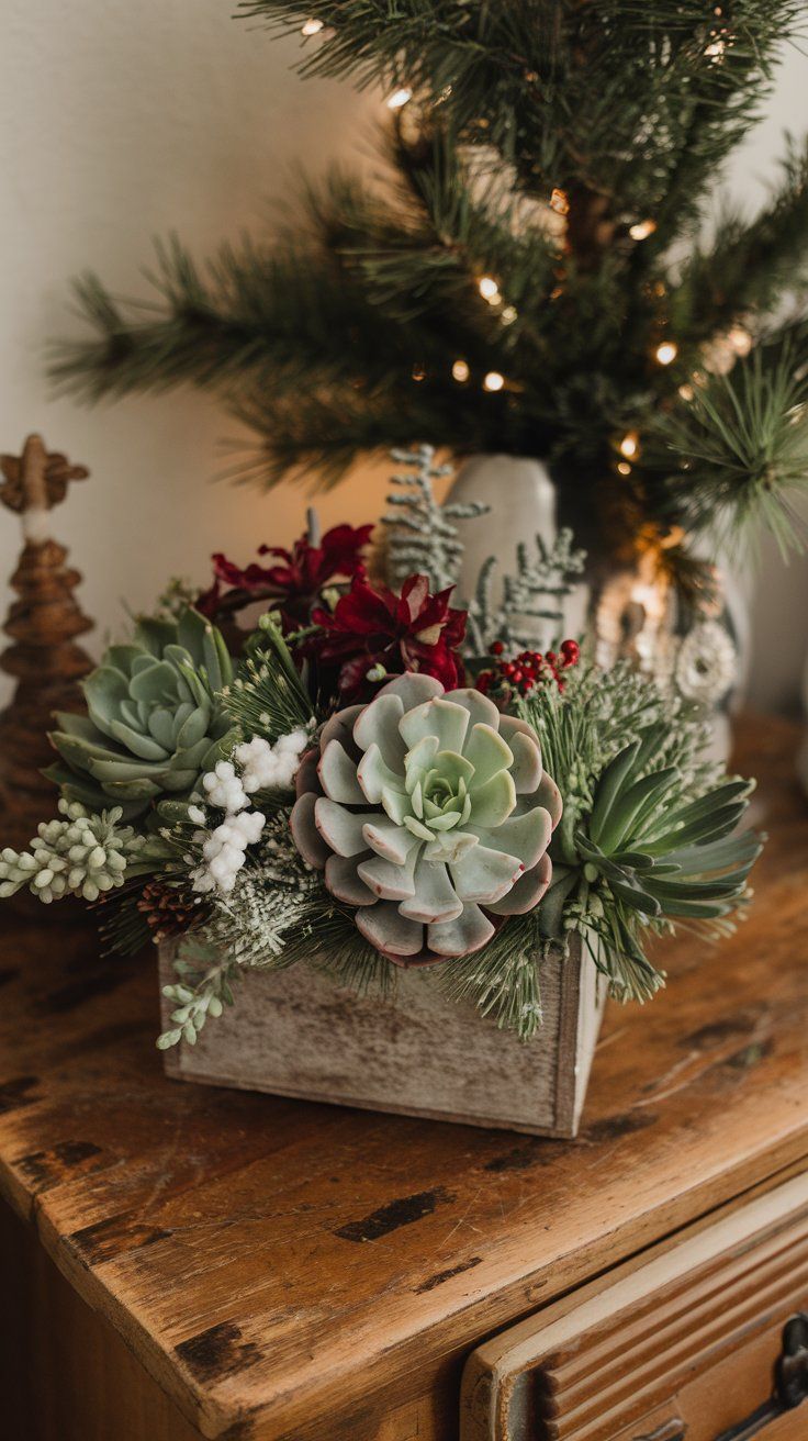 DIY Christmas Floral Arrangement small succulents, pine branches, and seasonal flowers in a rustic wooden box