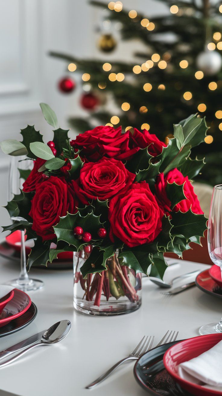 DIY Christmas Floral Arrangement vibrant red roses with holly leaves and berries in a clear vase