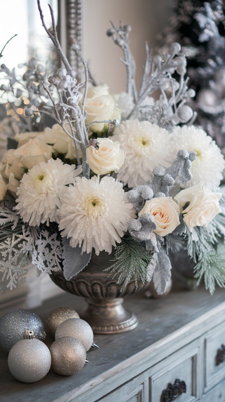 DIY Christmas Floral Arrangement wintry white flowers chrysanthemums or roses, silver accents branches and white pine or cedar