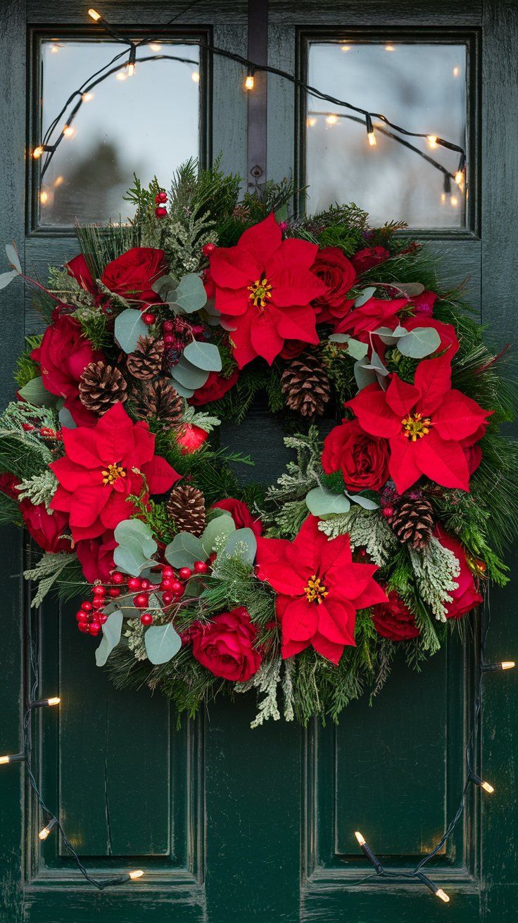 DIY Christmas Floral Arrangement wreath made of fresh flowers like red roses, poinsettias, and seasonal greenery is placed on a rustic forest green front door