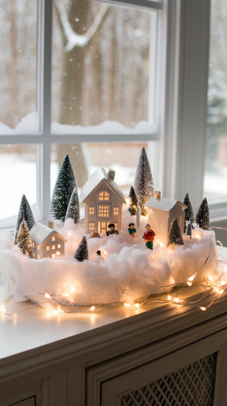 DIY snowy village display on a console table concept