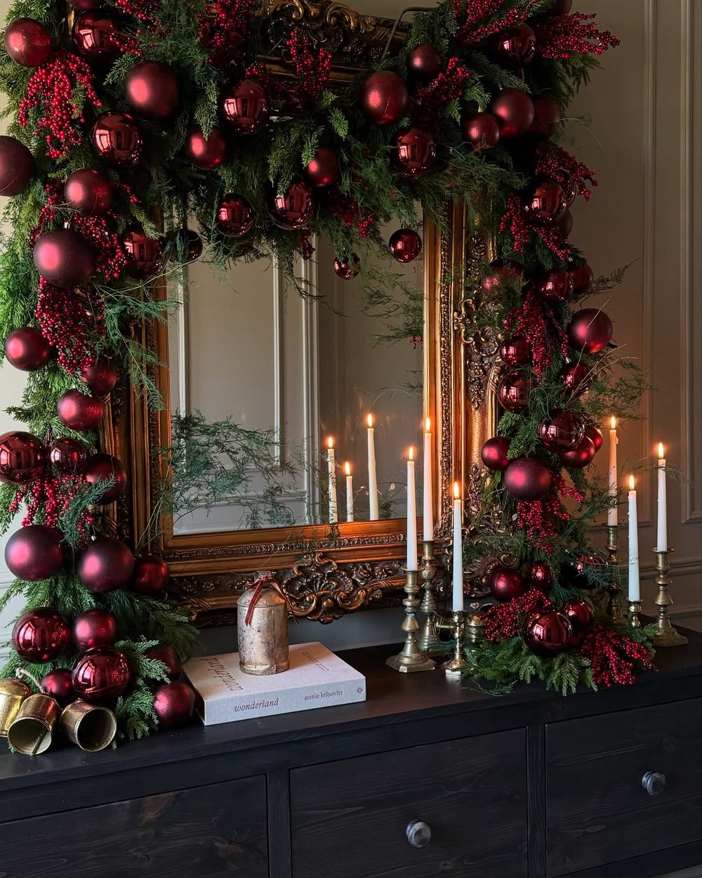 Elegant Christmas Decor Ideas Red ornaments garland wrapped on wall mirror salinamariahome