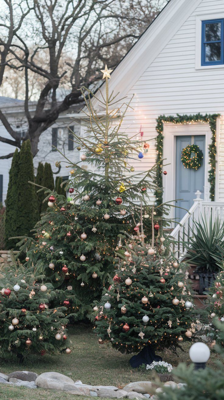 Front yard decorated with several outdoor Christmas trees with ornaments and lights