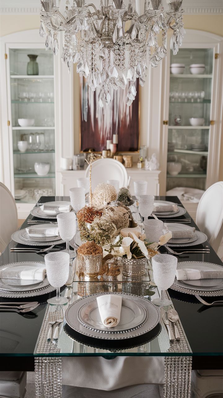 Frosted Glamour table setting elegant winter dining room mirrored table runner with crystal accents and frosted glassware silver chargers and shimmering white linens