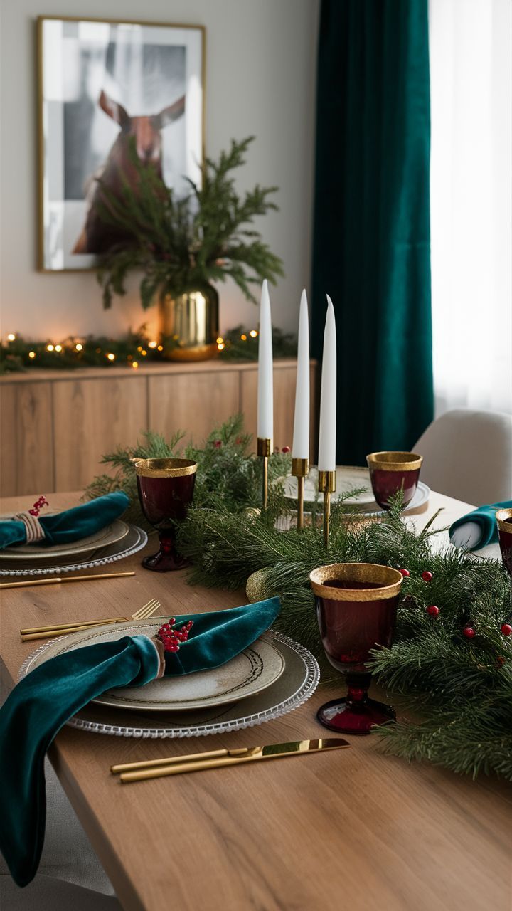 Holiday Elegance table setting gold and deep green elements velvet napkins, gold-rimmed glasses, and evergreen garlands with small red berries