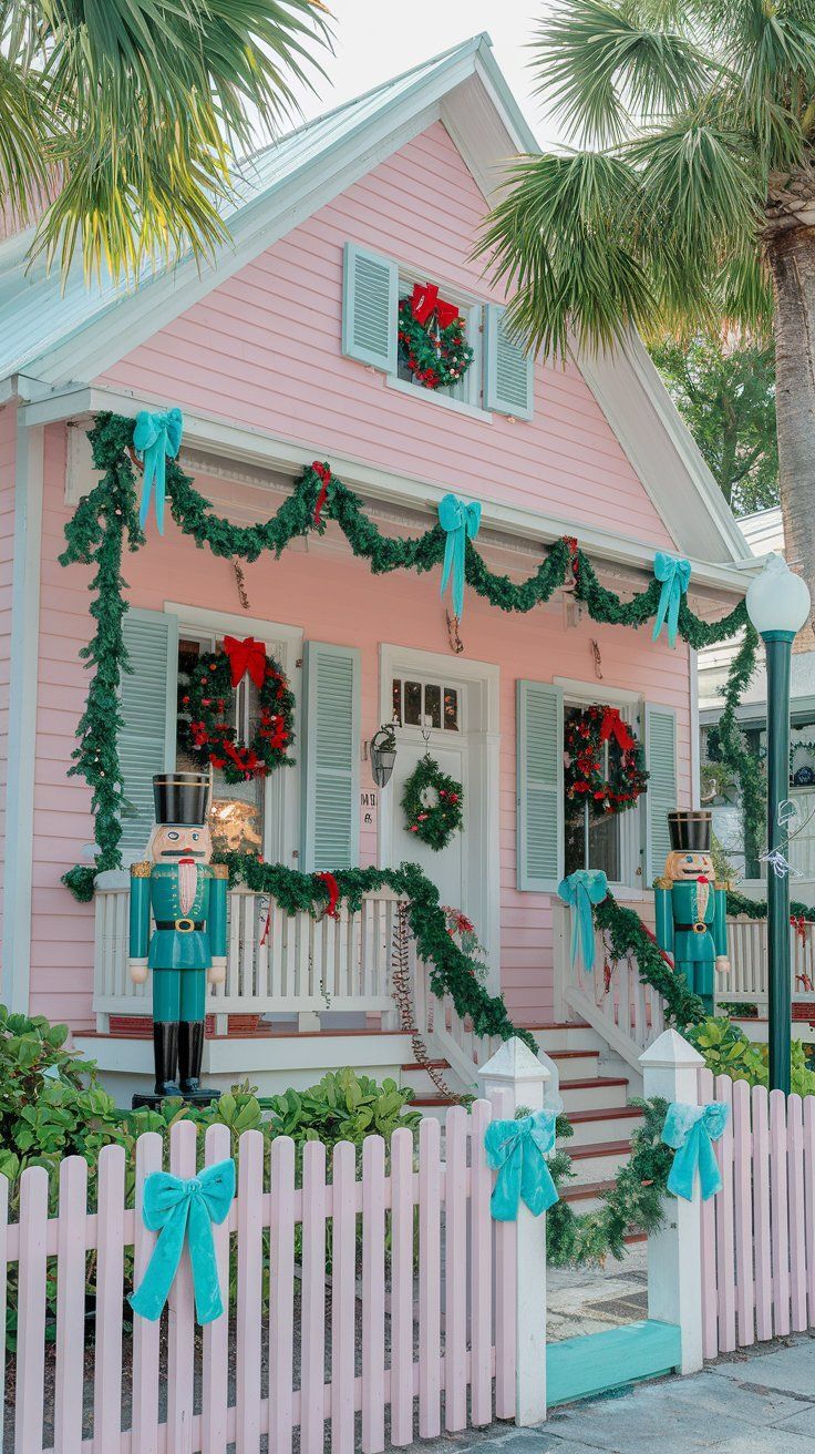 Key West Florida pastel pink house decorated traditionally for Christmas