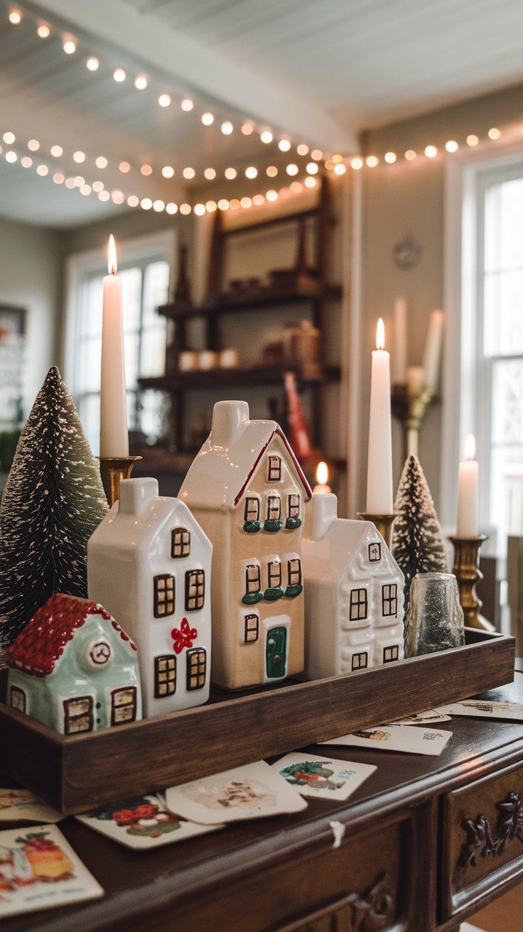 Retro vintage kitsch Christmas village display in an old Victorian home ceramic houses glass ornaments