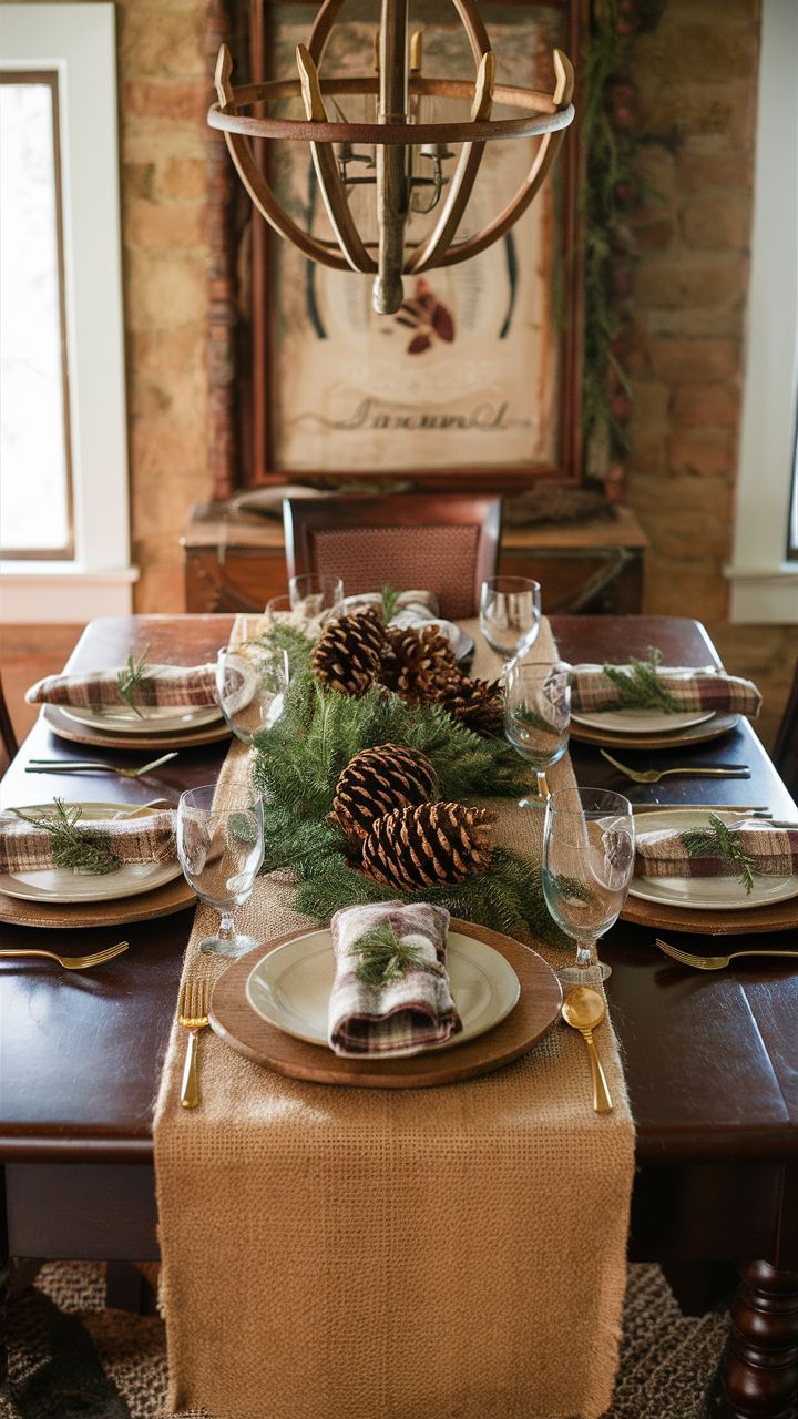 Rustic Charm table setting cozy dining room pinecones, burlap runners, and wooden chargers evergreen sprigs and warm plaid napkins