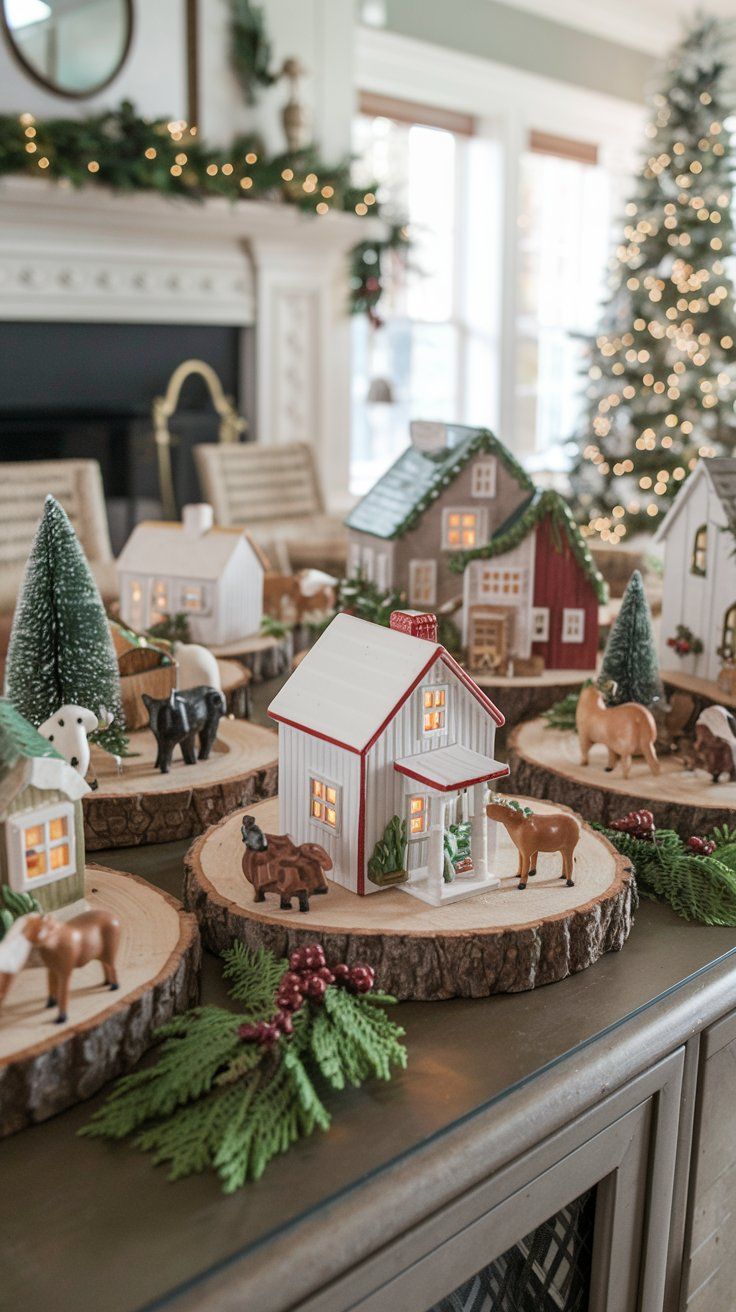 Rustic farmhouse Christmas village display on a buffet table in a Christmas-themed dining room