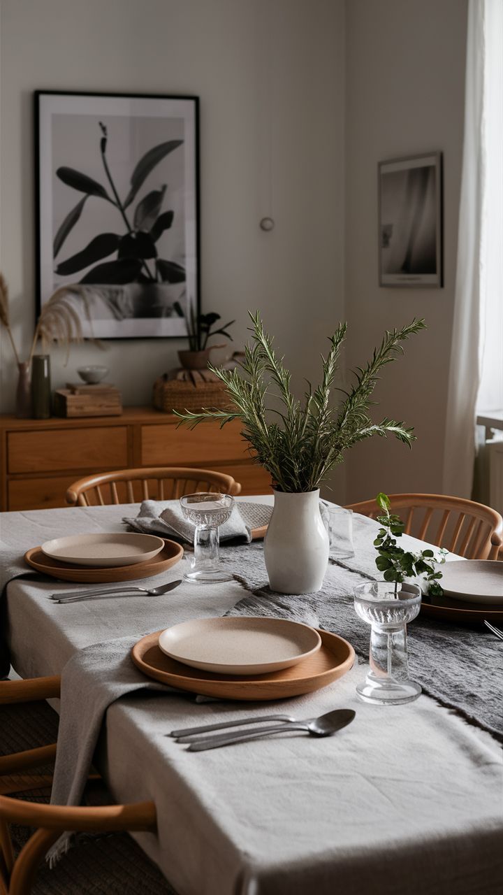 Scandinavian Minimalism table setting clean, neutral tones simple wooden plates and sprigs of rosemary