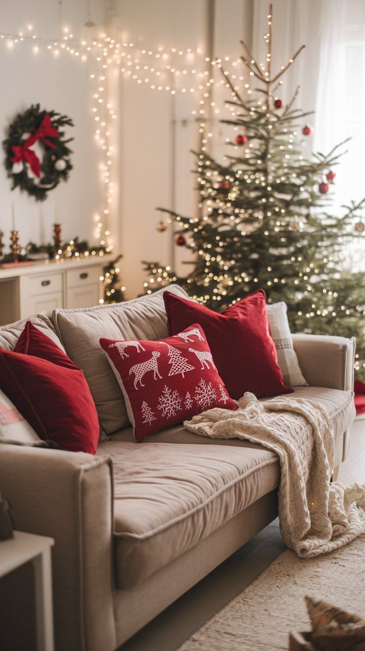 Scandinavian-style living room with plush beige sofa with red Christmas accent pillows