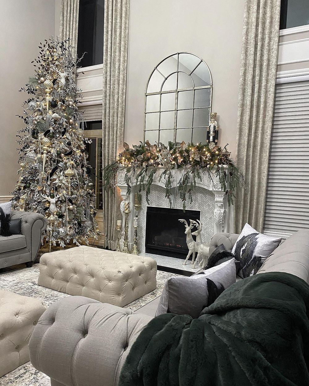 Silver Christmas living room decor with fireplace and tree glam_home_decor