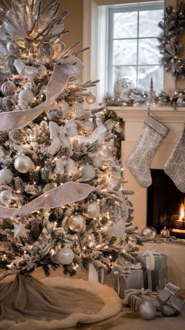 Silver Christmas tree and stockings home decor concept