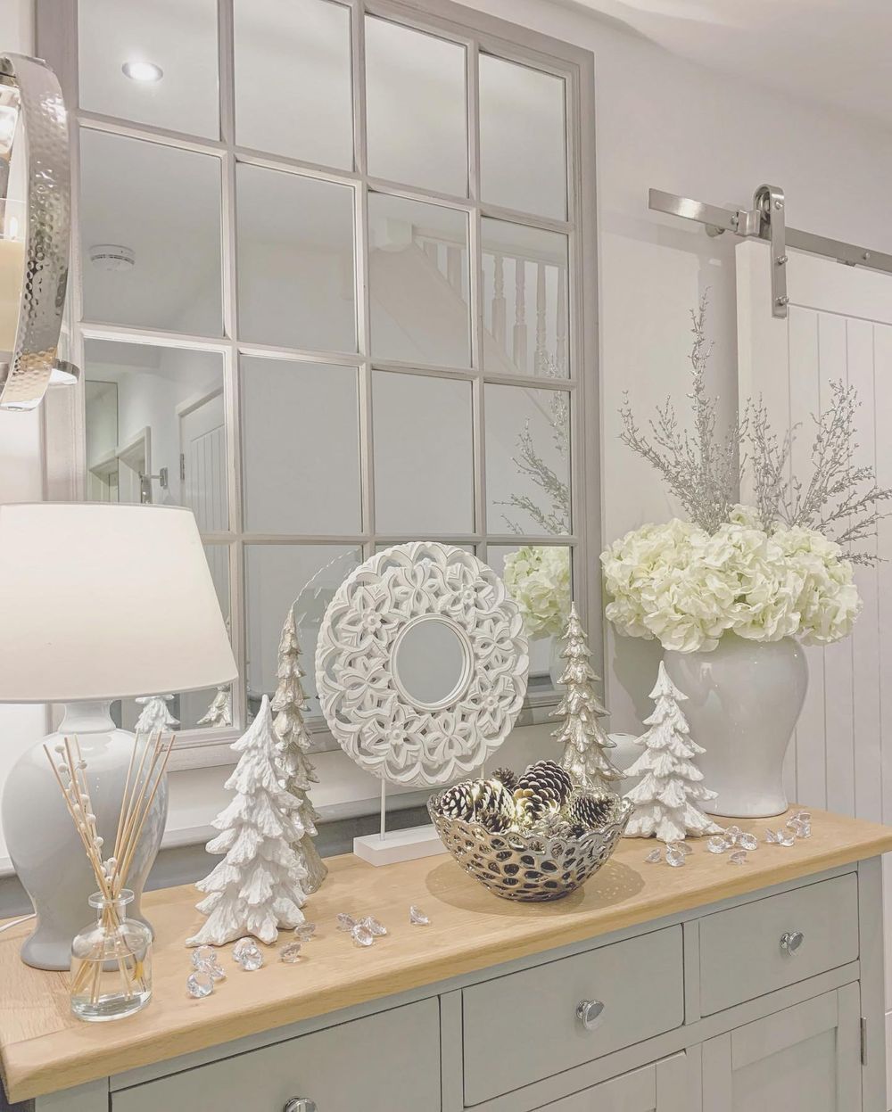 Silver and white Christmas console table decor just_another_house_reno