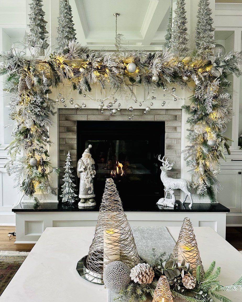 Silver fireplace and coffee table Christmas decor decorating_with_debbie