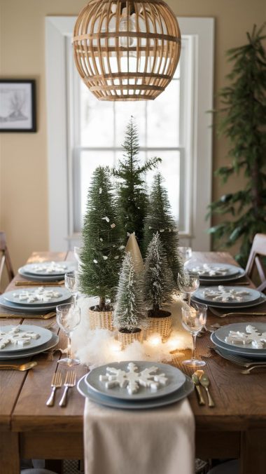 Snowy Forest Theme table setting with small faux evergreen trees and white fairy lights snowflake-shaped table charm.