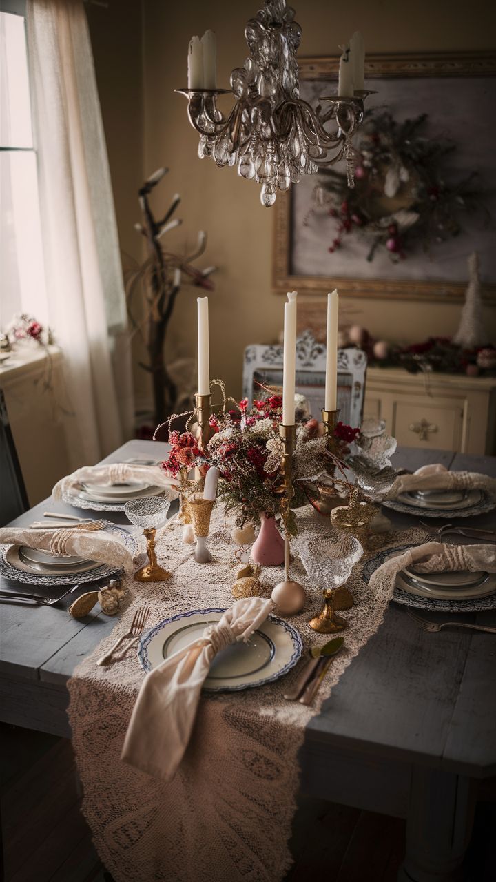 Vintage Winter table setting antique-style silverware, lace table runners, and candleholders in soft pastel accents with delicate ornaments