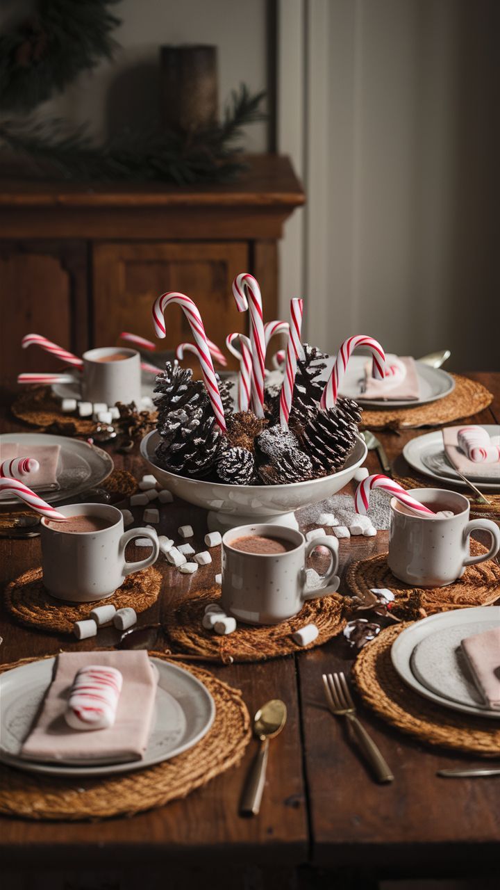 Warm Cocoa table setting mugs with candy canes, and marshmallow-topped hot cocoa centerpiece featuring cinnamon sticks and frosted pinecones